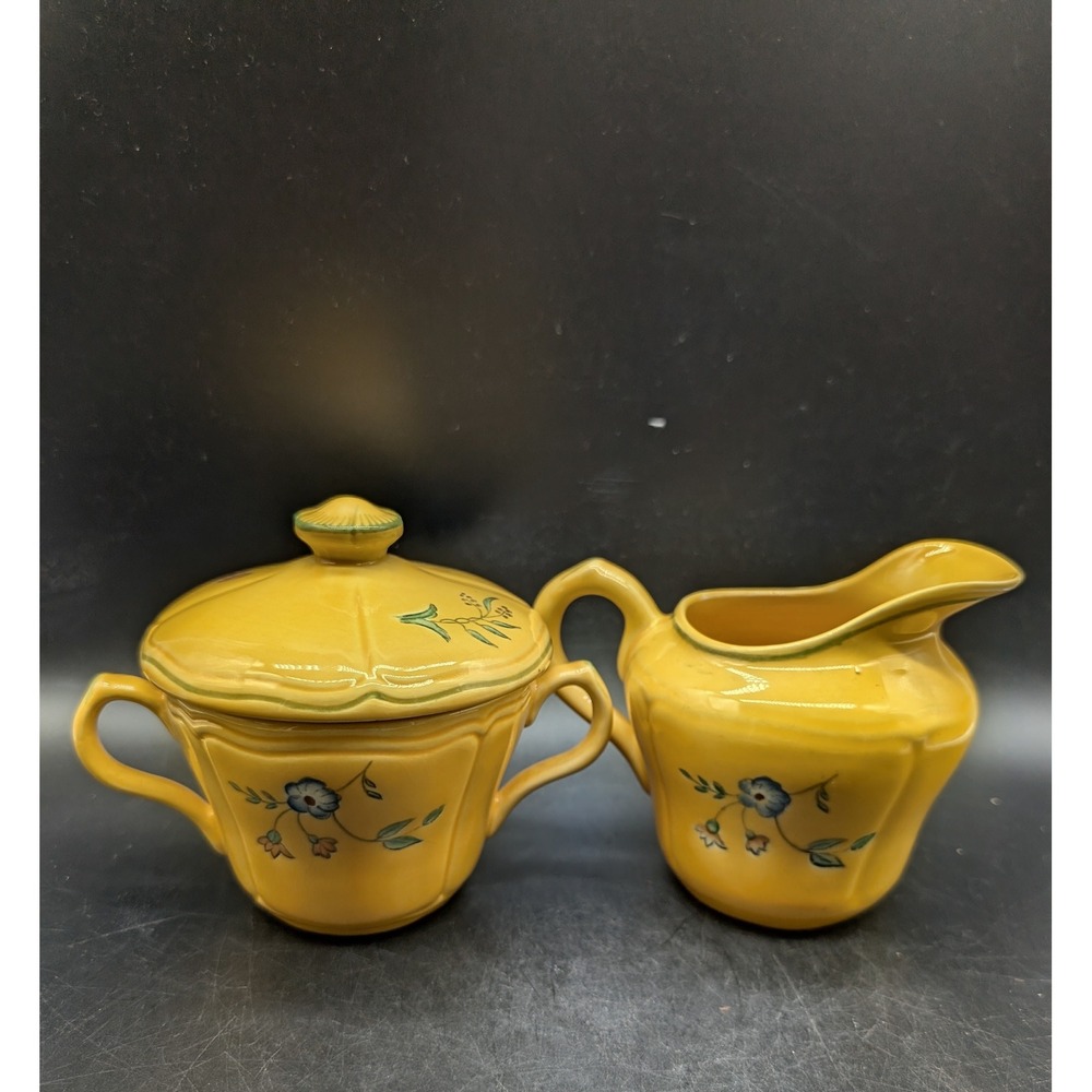 Longchamp France Hand Painted Floral Yellow Creamer and Lidded Sugar Bowl Set